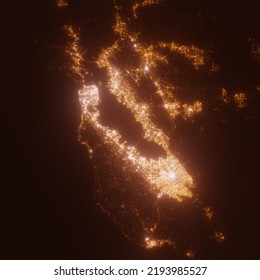 Bay Area (California, USA) Street Lights Map. Satellite View On Modern City At Night. Imitation Of Aerial View On Roads Network. 3d Render, High Resolution