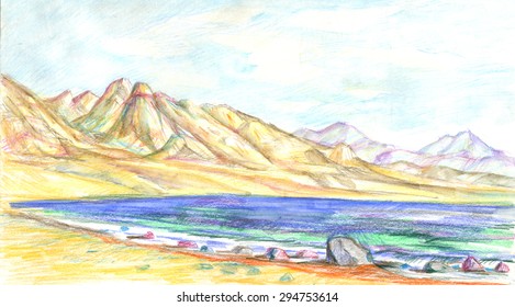 bay and mountains colored pencils