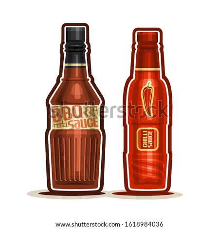 BBQ and Chilli Sauce Bottles, container with red barbecue sauce with black cap, glass bottle with chili dressing isolated on white background, pepper ketchup of mexican cuisine for picnic.