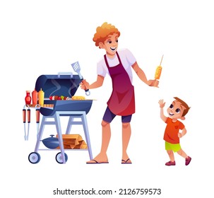 Bbq, Dad Gives His Son Corn Isolated Cartoon People Grilling Meat. Father And Little Boy Cooking Outdoors, Parent And Child Spend Leisure Time Together. Grilling Machine And Logs, Sauces