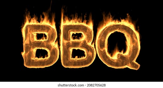 BBQ Fire flaming burn text, Burning flame barbecue word with smoke and fiery effect. Hot glowing design element isolated on black background. 3d illustration