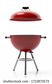 BBQ Grill. Barbecue Red Color With Lid Isolated Against White Background. Portable Appliance For Cookout,  Empty Space For Placement Of Your Food. 3d Illustration