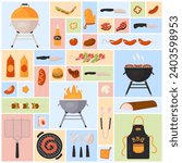 BBQ set illustration. Cartoon meat and vegetables barbecue food with sauces, fork knife and skewer tools and grill equipment in square collage background. Picnic, summer party meals concept