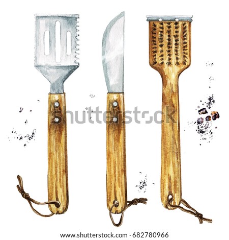 BBQ tools and utensils. Watercolor Illustration.