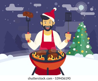 BBQ xmas holiday party. Flat illustration of smiling guy is cooking beef steak barbecue outdoors near decorated xmas tree. Funny hipster has a beard celebrating christmas or a new year and cooking bbq - Powered by Shutterstock