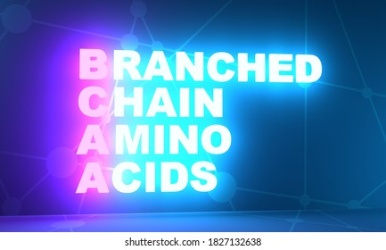 BCAA - Branched Chain Amino Acids Acronym. Sport Nutrition Concept Background. 3D Rendering. Neon Bulb Illumination