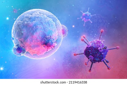 B-cell, white blood cell 3D, type of lymphocyte interacting with a virus. Adaptive immune response, CAR-T cell therapy. B cell is humoral immunity component of the immune system producing antibodies