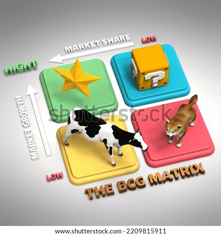 BCG Matrix - Star, Question marks, Cash cow and dog with Icons in a Matrix. 3d illustration