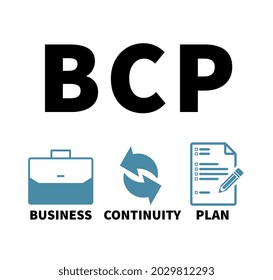 BCP Business Continuity Plan With Simple Icon And Keywords On White Background.