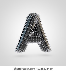 BDSM letter A uppercase. 3D rendering black latex font with chrome spikes isolated on white background.