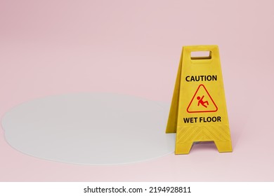 Be Careful, Slippery Floor. Look Under Your Feet, You Can Not See A Puddle On The Floor. Yellow Sign Caution, Slippery Floor On A Pastel Background. Copy Paste, Copy Space. 3d Render. 3d Illustration