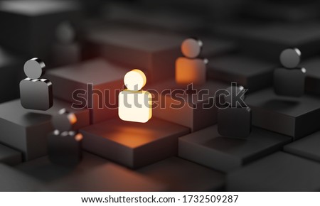 Be Different 3D Rendering Concept, One Man Glowing Among Other People in Dark Condition 