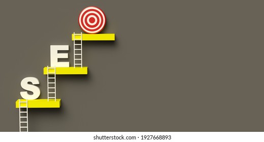 Be different, efficient climbing ladder concept: 3d rendering in Pantone 2021 colors. Goals in creative leadership and teamwork in website traffic. SEO target. Search Engine Optimization
