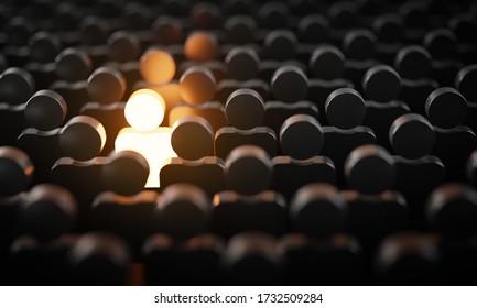 Be Standout 3D Rendering Concept, One Man Glowing Among Other People in Dark Condition 