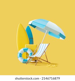 Beach accessories and summer vacation, holiday trip and essential items on yellow background. Concept of relax and rest. 3D rendering - Powered by Shutterstock