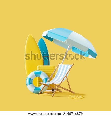 Beach accessories and summer vacation, holiday trip and essential items on yellow background. Concept of relax and rest. 3D rendering Foto stock © 