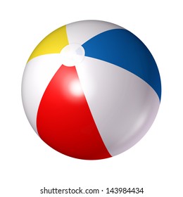 Beach ball isolated on a white background as a classic symbol of summer fun at the pool or ocean with an inflated plastic sphere of red blue white and yellow stripes.
