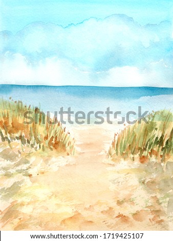  Beach. Blue sky, nice weather. Happy holiday.  Stock illustration. Hand painted in watercolor.