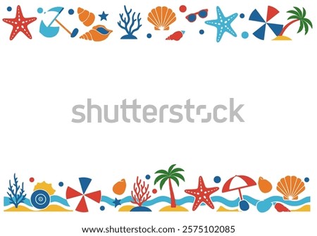 Beach Border Clip Art. This image shows a colorful beach-themed border with various sea elements. Vector illustration design.