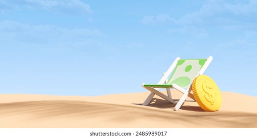 Beach chair with a circle for swimming against the background of the sky and sand. Holidays or holidays in warm countries. Mock up. 3d rendering