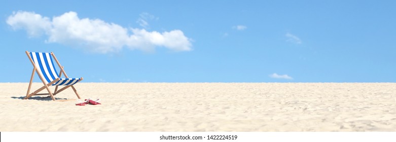 Beach chair with flip-flops on empty sand. Beach with blue sky in summer as vacation concept (3d rendering)