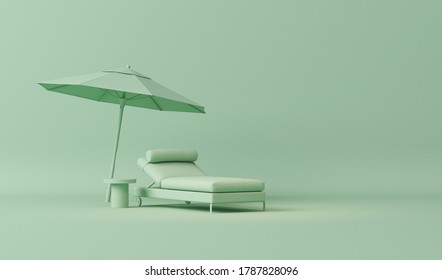 Beach chairs and umbrella in plain monochrome pastel blue color. Light background with copy space. 3D rendering for web page, presentation or picture frame backgrounds.
