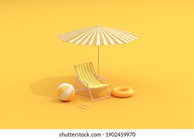 Beach Chairs And Umbrella, Summer Concept, Minimal Scene. 3D Rendering.