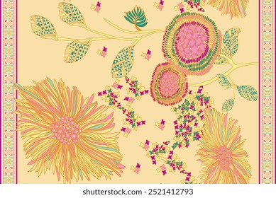 Beach cheerful seamless pattern wallpaper of tropical dark green leaves of palm trees and flowers bird of paradise on a light yellow and all over - Powered by Shutterstock