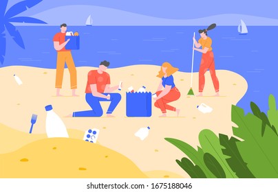 Beach cleaning. Cleansing polluted planet, ecology volunteering activity, people pick up trash on beach and removing garbage  illustration. Environmental protection, ecological harm