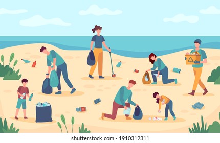 Beach cleaning. Volunteers protect sea coast from pollution. People picking up trash from beaches. Environmental protection illustration. Garbage trash and cleaning beach, ecological outdoor - Powered by Shutterstock