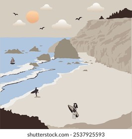 Beach coast landscape outdoors with majestic mountains and surfers on beach - Powered by Shutterstock