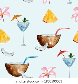 Beach cocktail watercolor blue seamless pattern featuring cocktail, tropical flower, pineapple and coconut.