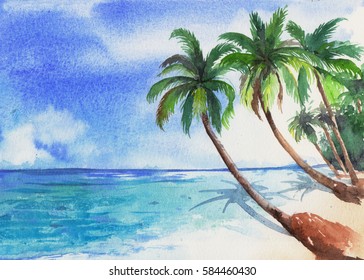 Beach And Coconut Trees. Watercolor Painting. 