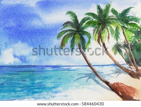 Beach and coconut trees. Watercolor painting. 