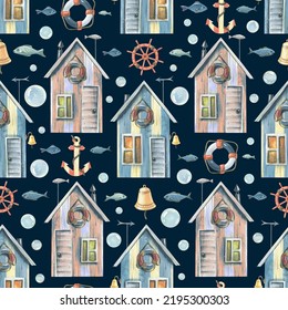 Beach, Fishing Houses Pink And Blue With Fish, Steering Wheel, Anchor, Bubbles On A Dark Background. Watercolor Seamless Pattern. For Fabrics, Textiles, Wallpaper, Wrapping Paper, Backgrounds.