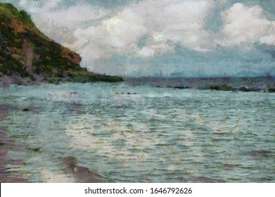 The beach has low hills covered with trees Illustrations creates an impressionist style of painting.