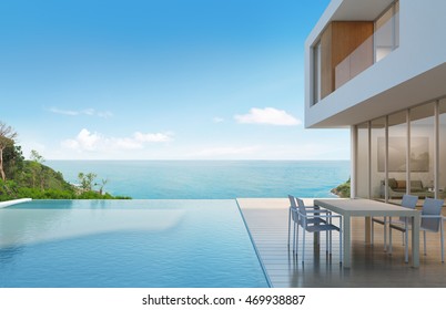 Beach House With Sea View In Modern Design - 3d Rendering