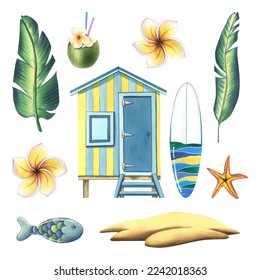 A beach house, as well as a surfboard, a starfish, a plumeria flower, palm leaves, a fish, sand, a cocktail in coconut. Watercolor illustration. A set from the surf collection. For decoration, design.