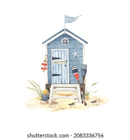 Beach hut blue color with decorations elements design and birds sandpipers, watercolor illustration beach house with symbols summer hobbies and leisure on coast sea, ocean or lake, hand drawn print.