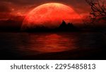 Beach Island Silhouette in Red Large Moon features a silhouette of a beach and island out in a dark ocean and a large full moon and clouds in a red warm atmosphere.
