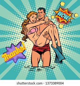 Beach Lifeguard Saved A Drowning Woman. Pop Art Retro  Illustration Cartoon Comics Kitsch Drawing