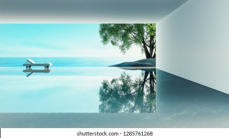 Beach living  - ocean villa seaside & sea view for vacation and summer / 3d render interior