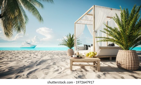 Beach Lounge bed on the beach. White beach canopies. Luxury beach tents at the resort. 3d illustration