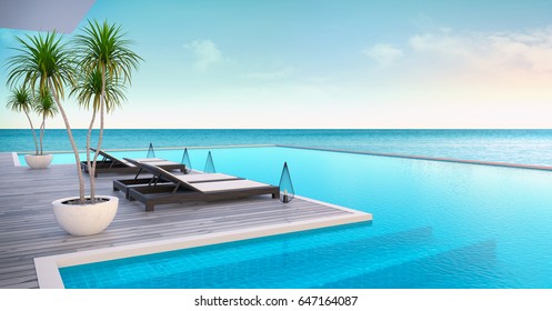 Beach lounge ,sun loungers on Sunbathing deck and private swimming pool with  panoramic sea view at luxury villa/3d rendering