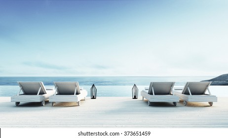 Beach lounge - Sundeck on Sea view for vacation and summer / 3d render  - Powered by Shutterstock