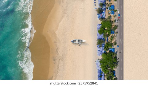 Beach and ocean drone view, along with a  City Skyline with building. Vacation background. Top View Beach.