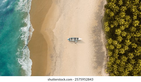 Beach and ocean drone view, along with a Forest with trees. Vacation background. Top View Beach.