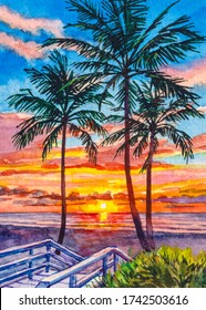 Beach with palm trees. Beautiful ocean sunset. Summer vacation. Watercolor painting.