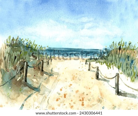 Beach, road in the dunes. Blue sky, nice weather. Happy holiday.  Stock illustration. Hand painted in watercolor.