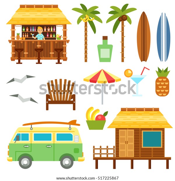 Beach scene elements with bar, surf van,\
umbrella, chair and bungalow hotel isolated on white. Flat summer\
palm tree surfboard, coctail, pineapple set.\
